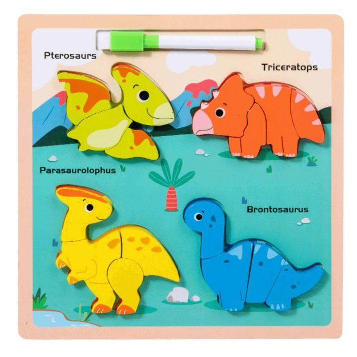 Dėlionė medinė edukacinė su dinozaurais – lavinimui ir kūrybiškam žaidimui.