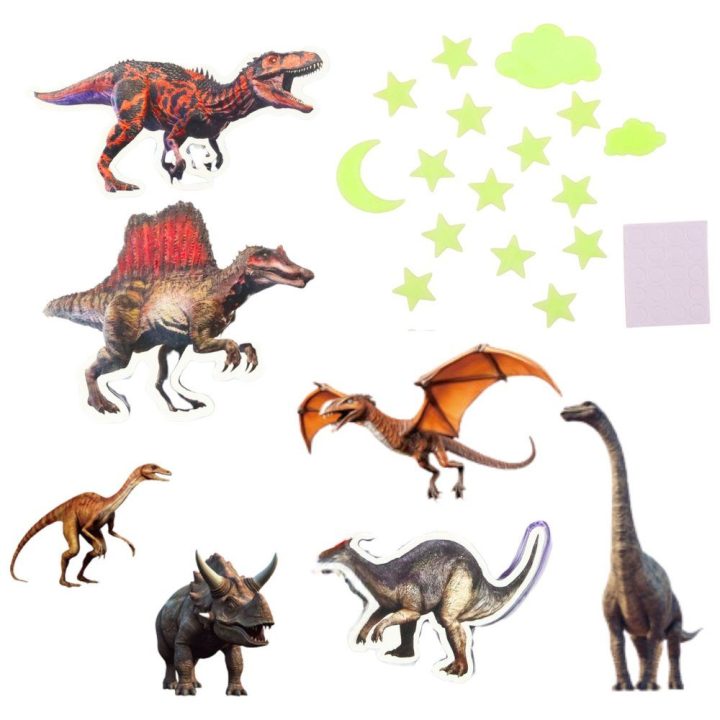 Lipdukai šviečiantys dinozaurai ir žvaigždės – žaismingam vaikų kambario dekorui.
