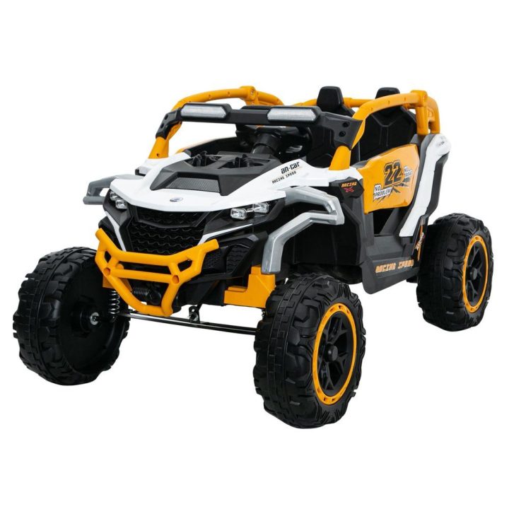 Elektromobilis 4x4 M3 geltonas ir baltas – pramogai ir nuotykiams lauke.