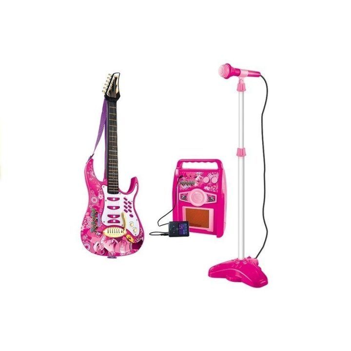 Elektrinė gitara su mikrofonu ir stiprintuvu – muzikiniam kūrybiškumui ir žaidimams.