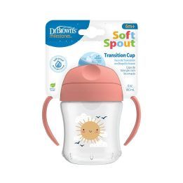 Puodelis su minkštu antgaliu 180 ml rožinis Dr. Brown – patogiam gėrimui mažyliui.
