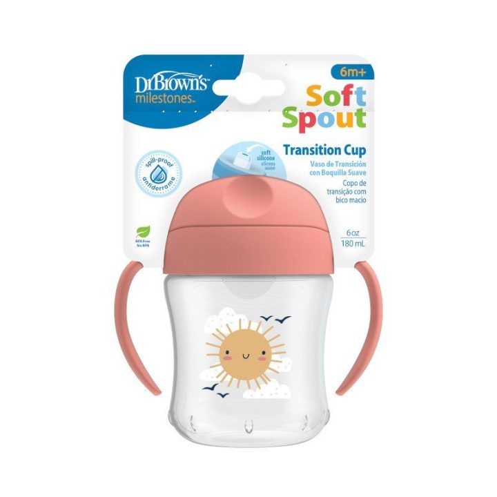 Puodelis su minkštu antgaliu 180 ml rožinis Dr. Brown – patogiam gėrimui mažyliui.