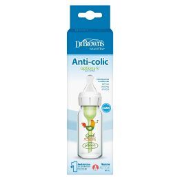 Buteliukas stiklinis 120 ml su dekoru Dr. Browns – saugiam maitinimui kasdien.
