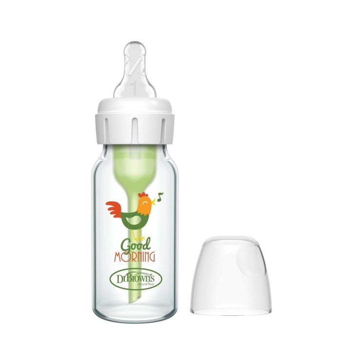 Buteliukas stiklinis 120 ml su dekoru Dr. Browns – saugiam maitinimui kasdien.