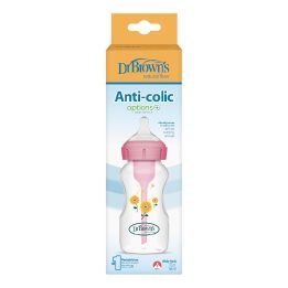 Buteliukas platu kakleliu 270 ml rožinis su saulėgrąžomis Dr. Brown's – patogiam maitinimui kasdien.