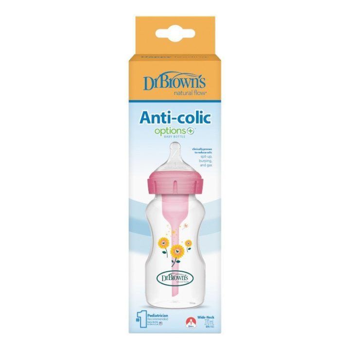 Buteliukas platu kakleliu 270 ml rožinis su saulėgrąžomis Dr. Brown's – patogiam maitinimui kasdien.