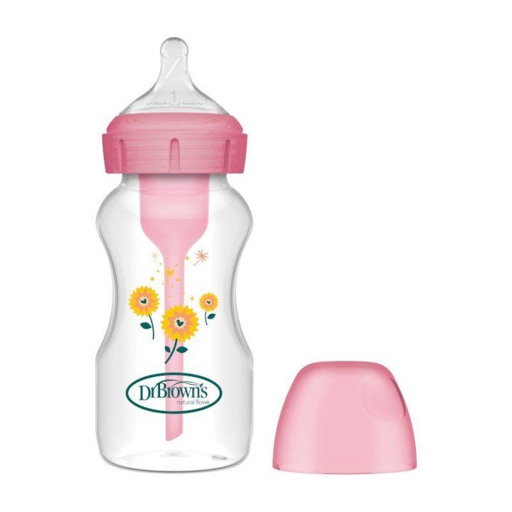 Buteliukas platu kakleliu 270 ml rožinis su saulėgrąžomis Dr. Brown's – patogiam maitinimui kasdien.