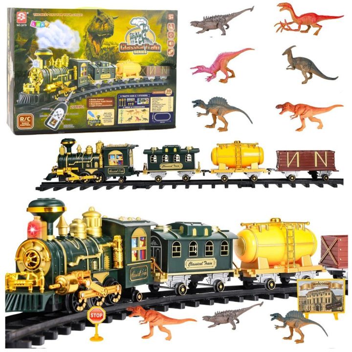 Žaislinis traukinys su dinozaurais, šviesomis ir garais Classic – nuotykiams ir žaidimams namuose.