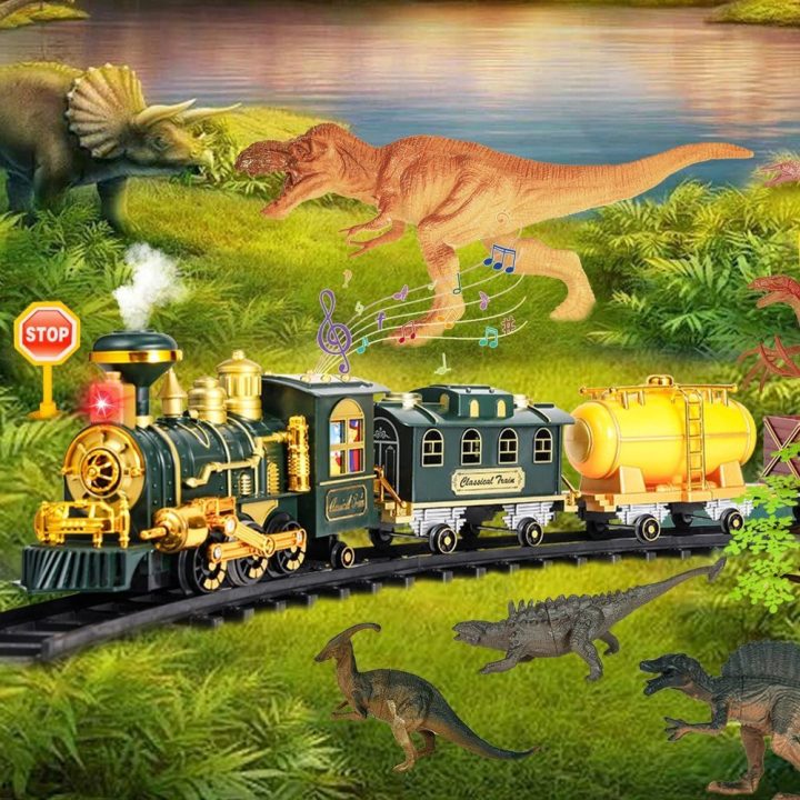 Žaislinis traukinys su dinozaurais, šviesomis ir garais Classic – nuotykiams ir žaidimams namuose.