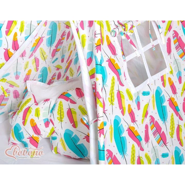 Žaidimų palapinė vaikams su kilimėliu ir pagalvėlėmis Colorful Feather – žaidimams ir jaukumui namuose.