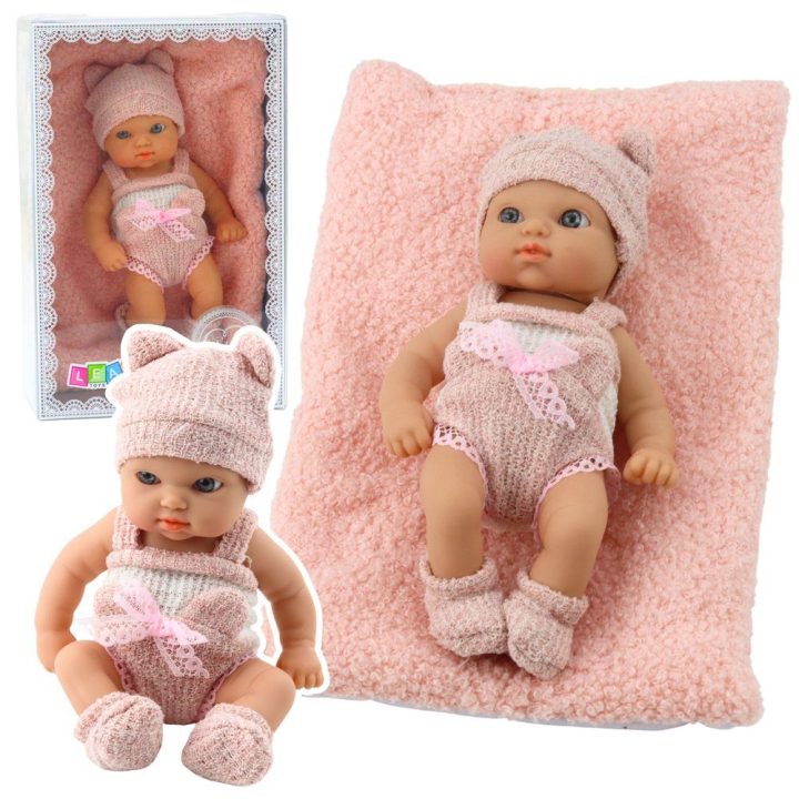 Lėlė kūdikiams su antklode baltais ir rožiniais drabužiais 18 cm