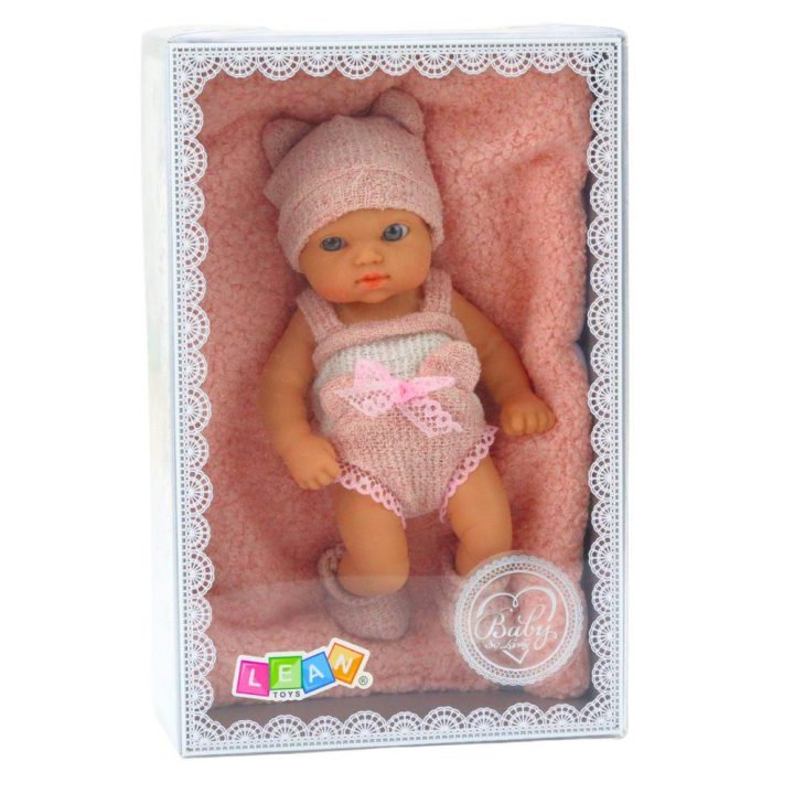 Lėlė kūdikiams su antklode baltais ir rožiniais drabužiais 18 cm