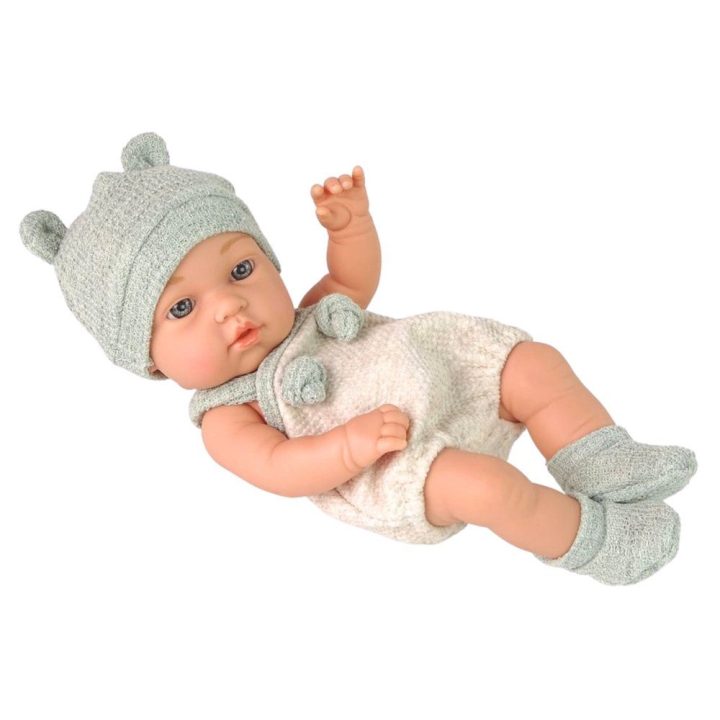 Lėlė kūdikis su pilku drabužėliu ir kepuraite 18 cm