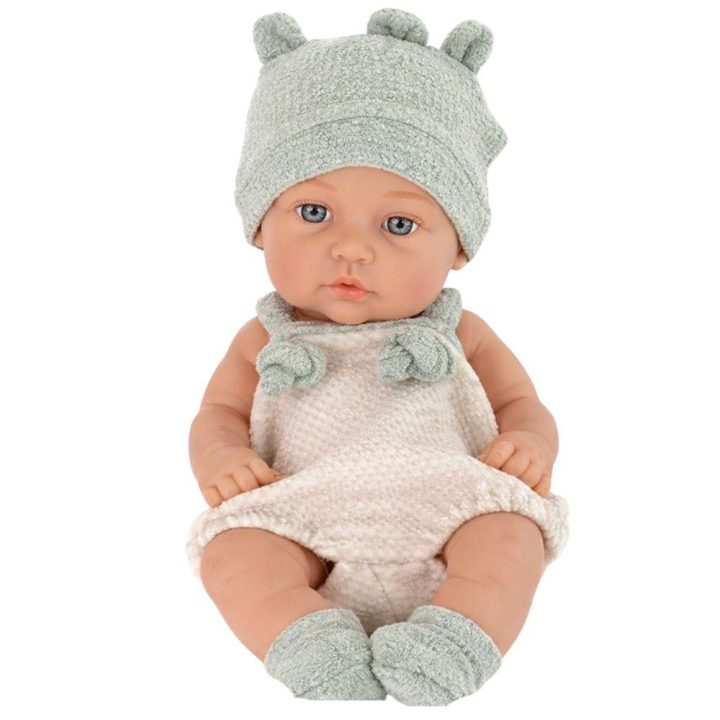 Lėlė kūdikis su pilku drabužėliu ir kepuraite 18 cm