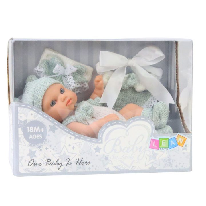 Lėlė kūdikis su pilku drabužėliu ir kepuraite 18 cm