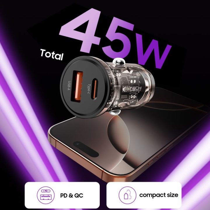 Automobilinis įkroviklis USB-A / USB-C juodas 45W CC01