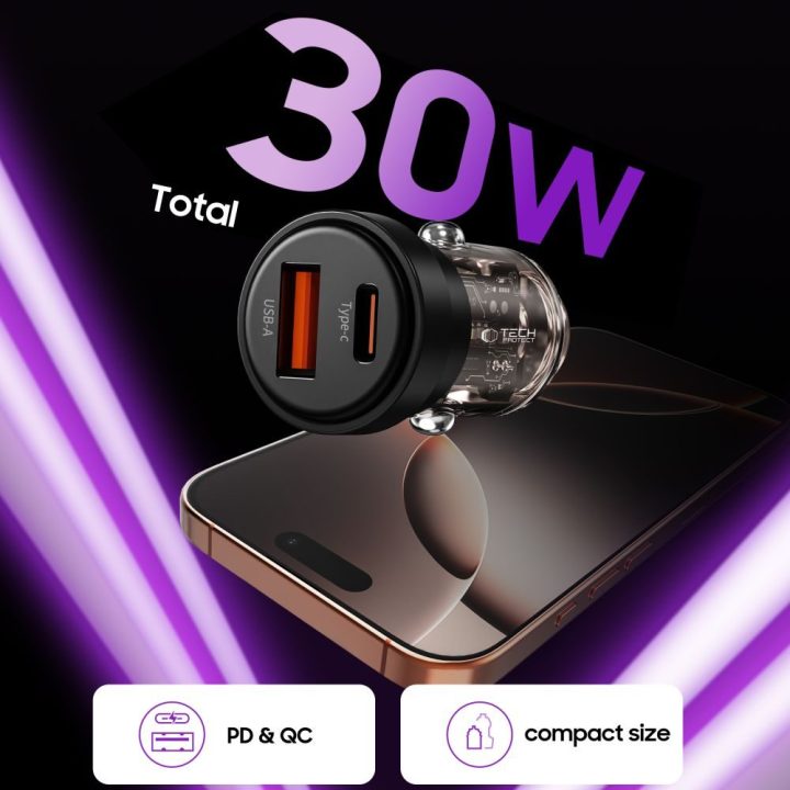 Automobilinis įkroviklis 2 jungčių USB-A/USB-C 30W juodas CC03