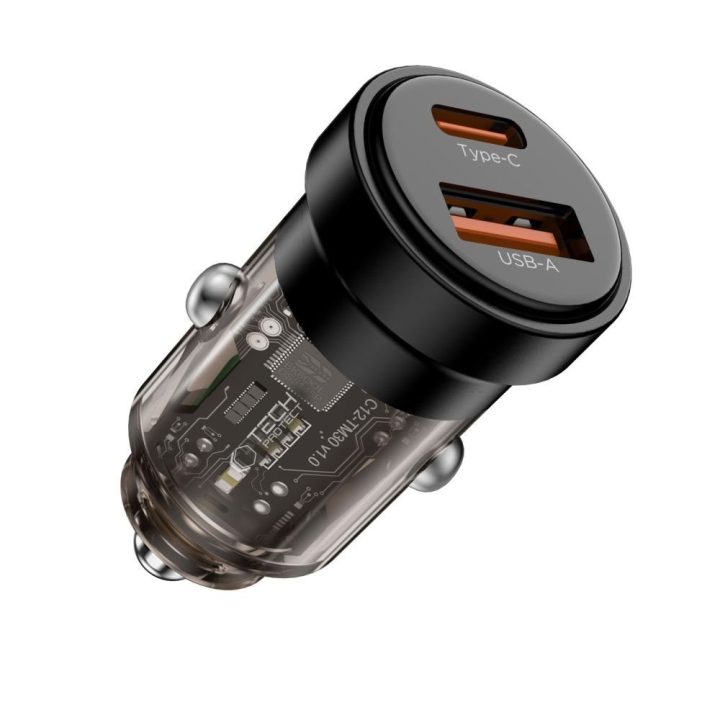 Automobilinis įkroviklis 2 jungčių USB-A/USB-C 30W juodas CC03