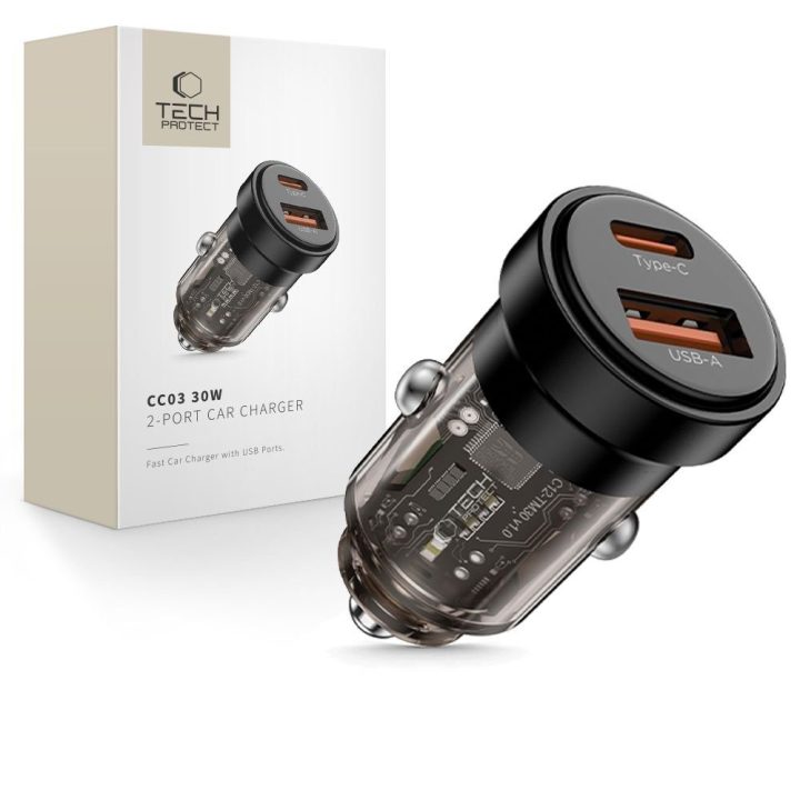 Automobilinis įkroviklis 2 jungčių USB-A/USB-C 30W juodas CC03