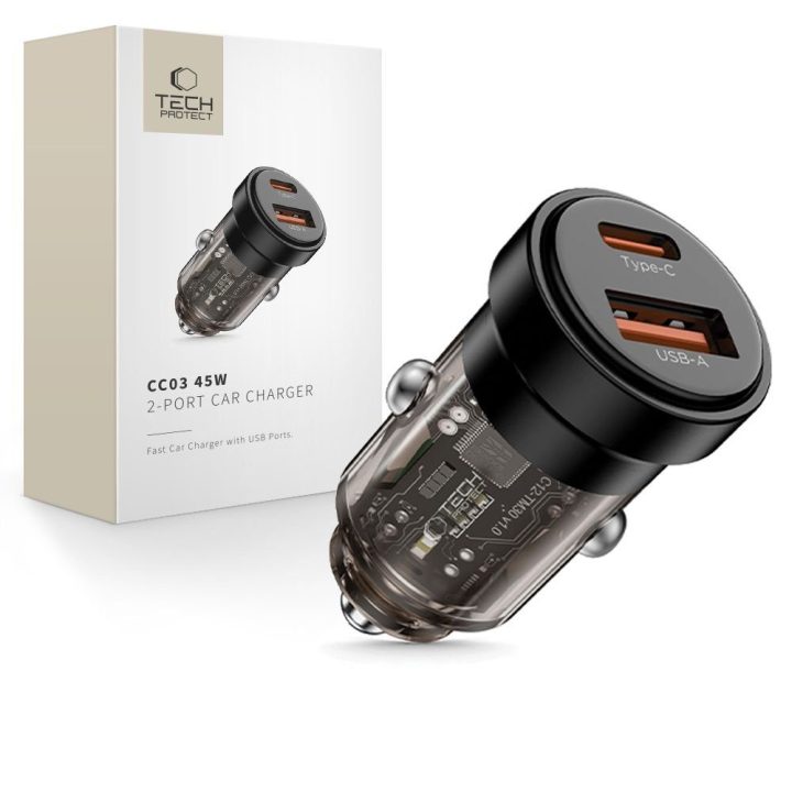 Automobilinis įkroviklis USB-A / USB-C juodas 45W CC03