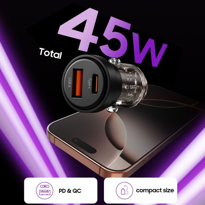 Automobilinis įkroviklis USB-A / USB-C juodas 45W CC03