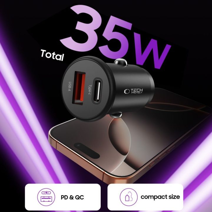 Automobilinis įkroviklis 35W juodas su USB-C ir USB-A
