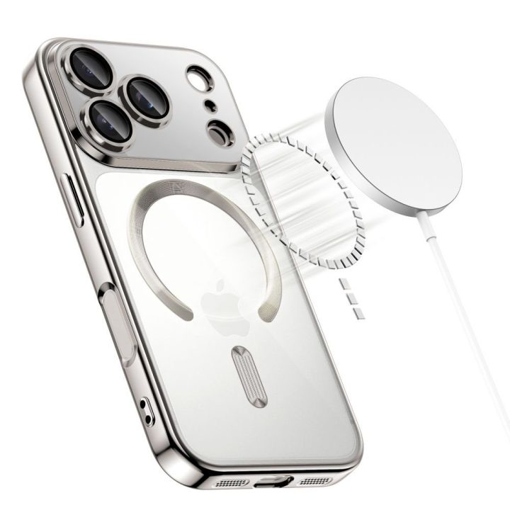 iPhone 17 Pro Max telefono dėklas skaidrus sidabrinis MagFlex
