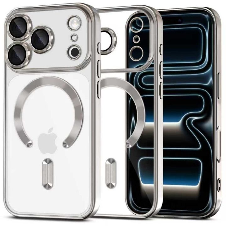 iPhone 17 Pro Max telefono dėklas skaidrus sidabrinis MagFlex