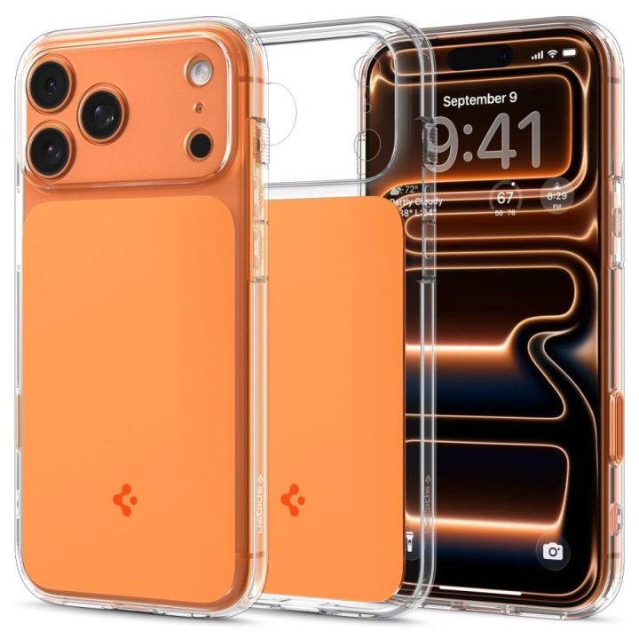 iPhone 17 Pro dėklas skaidriai oranžinis Spigen