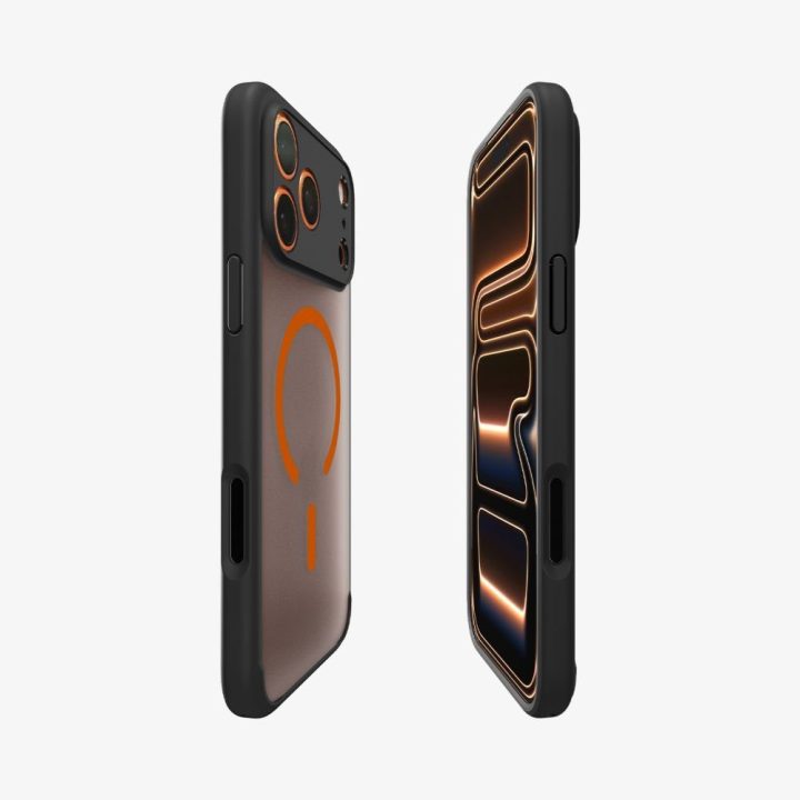 iPhone 17 Pro dėklas juodas ir oranžinis Spigen