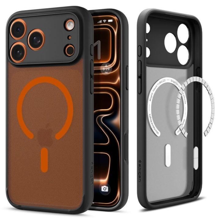 iPhone 17 Pro dėklas juodas ir oranžinis Spigen