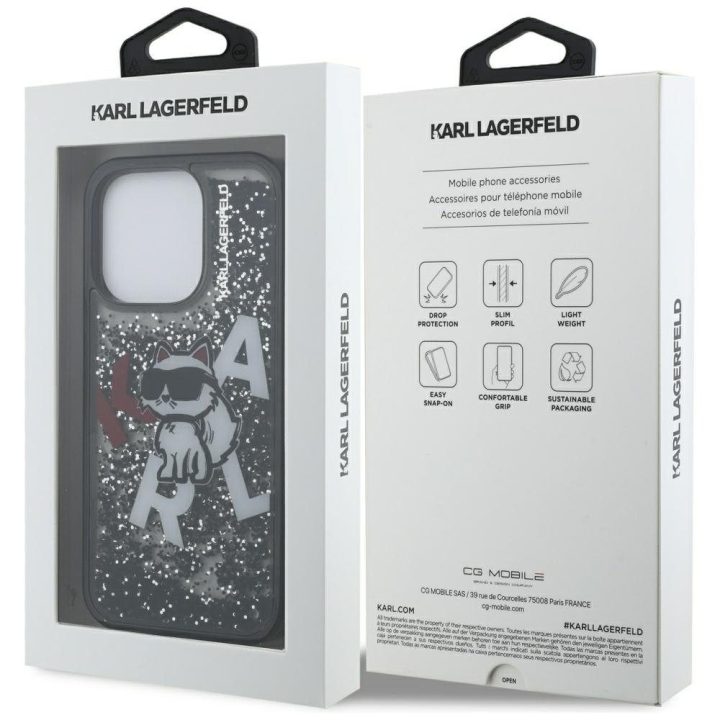iPhone 16 Pro Max dėklas juodas su blizgučiais Karl Lagerfeld