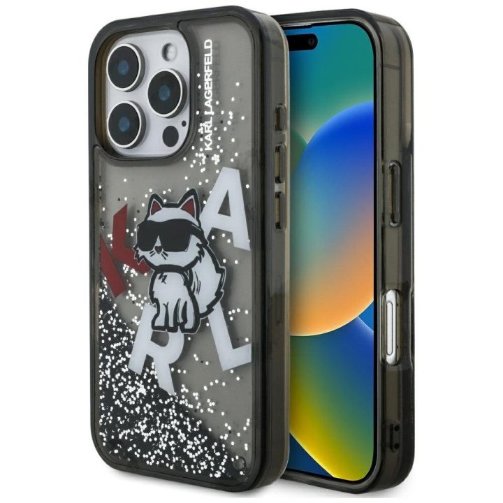 iPhone 16 Pro Max dėklas juodas su blizgučiais Karl Lagerfeld
