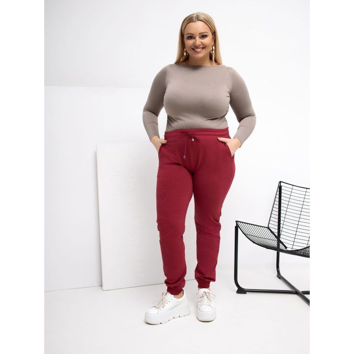 Sportinės kelnės moterims plus size bordo spalvos