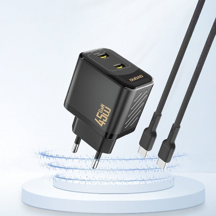 Sieninis USB įkroviklis telefonui 45W 2xUSB PD GaN juodas