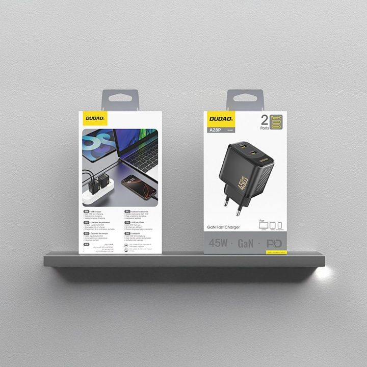 Sieninis USB įkroviklis telefonui 45W 2xUSB PD GaN juodas