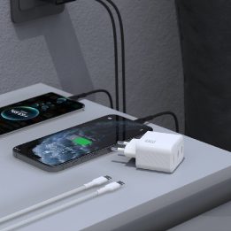 Sieninis įkroviklis telefonui 45W 2xUSB-C su laidu