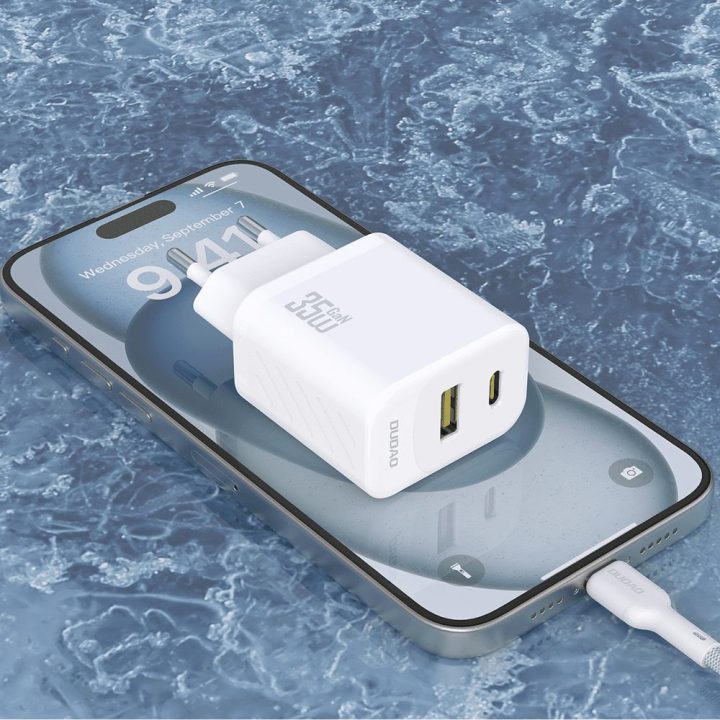 Sieninis USB įkroviklis 35W su USB-C laidu baltas