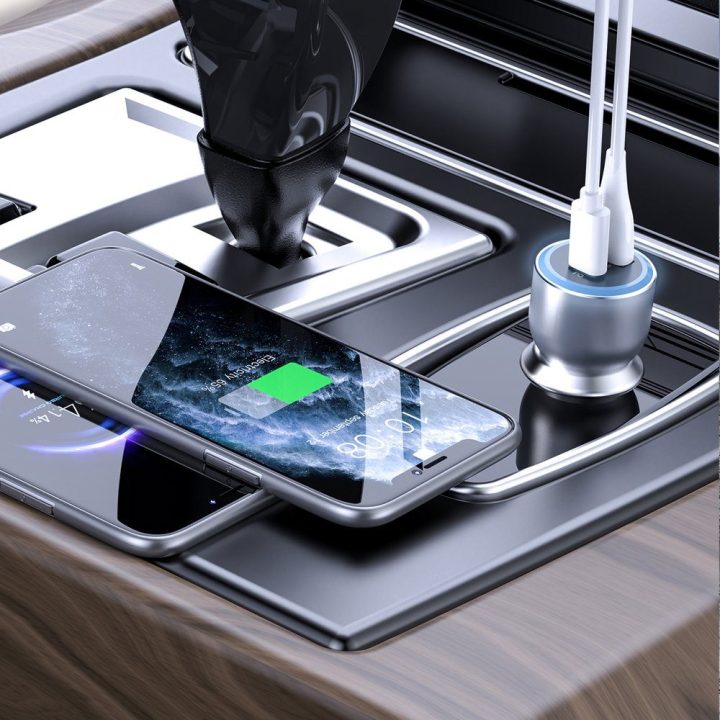 Automobilinis įkroviklis 120W USB-A USB-C su LED R4Ultra pilkas
