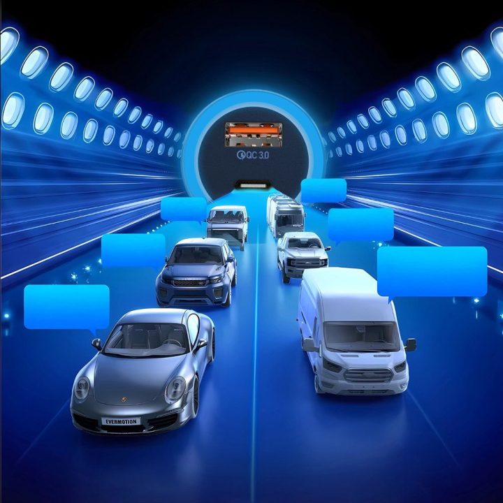 Automobilinis įkroviklis 120W USB-A USB-C su LED R4Ultra pilkas