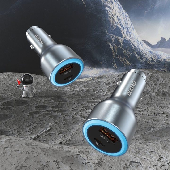 Automobilinis įkroviklis 120W USB-A USB-C su LED R4Ultra pilkas