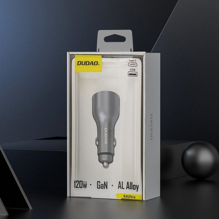 Automobilinis įkroviklis 120W USB-A USB-C su LED R4Ultra pilkas