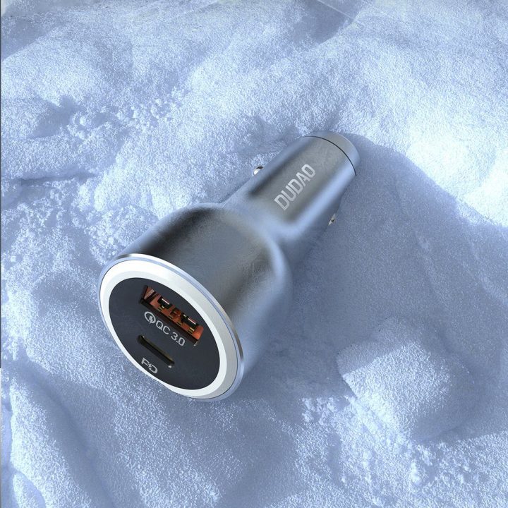 Automobilinis įkroviklis 120W USB-A USB-C su LED R4Ultra pilkas