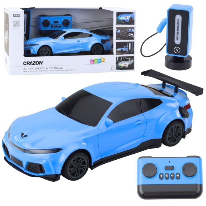 Elektrinis sportinis R/C automobilis su įkrovimo stotele mėlynas