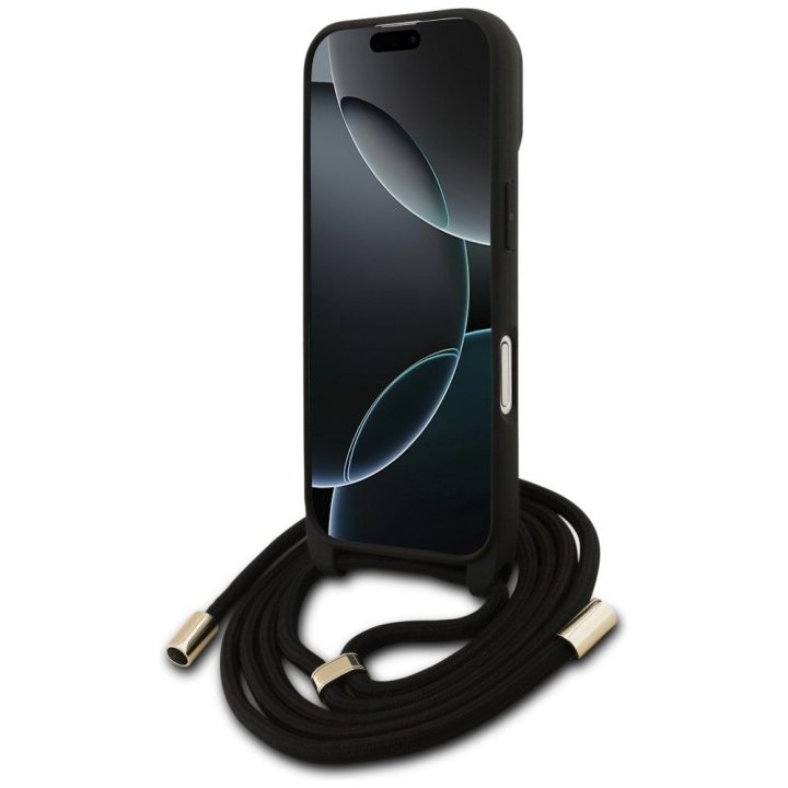 Dėklas telefonui iPhone 17 su virvele rudu dizainu Guess