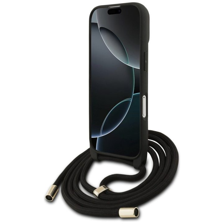Dėklas telefonui iPhone 17 su dirželiu juodas Guess