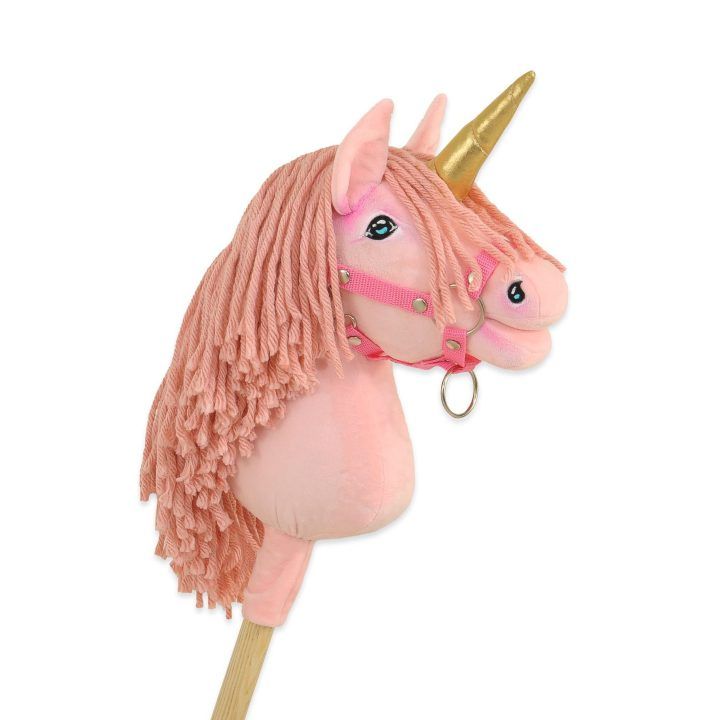 Vienaragis ant lazdos Hobby Horse rožinis su auksiniu ragu