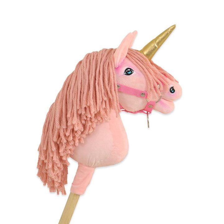 Vienaragis ant lazdos Hobby Horse rožinis su auksiniu ragu