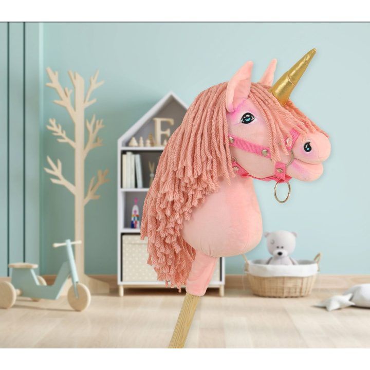 Vienaragis ant lazdos Hobby Horse rožinis su auksiniu ragu