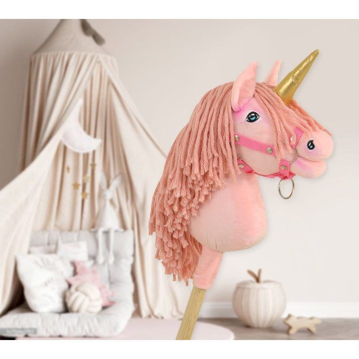 Vienaragis ant lazdos Hobby Horse rožinis su auksiniu ragu